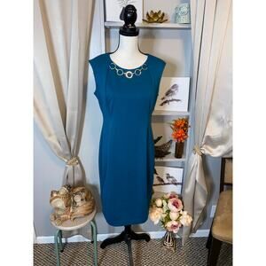 NWT $134 size 10 Calvin Klein Teal Blue Zip Gold Chain Neckline Sheath Dress